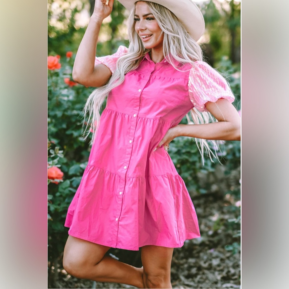 Peach Love California Sequined Bubble Sleeve Tiered Dress